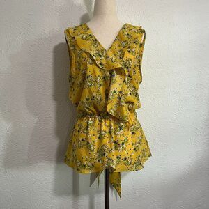 Max Studio Yellow Floral Ruffle Tie Waist Sleeveless Blouse Top